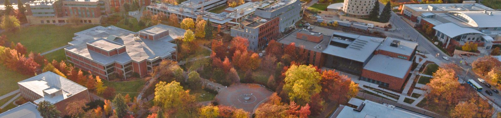Panoramic view of the pillars in front of Showlater Hall.